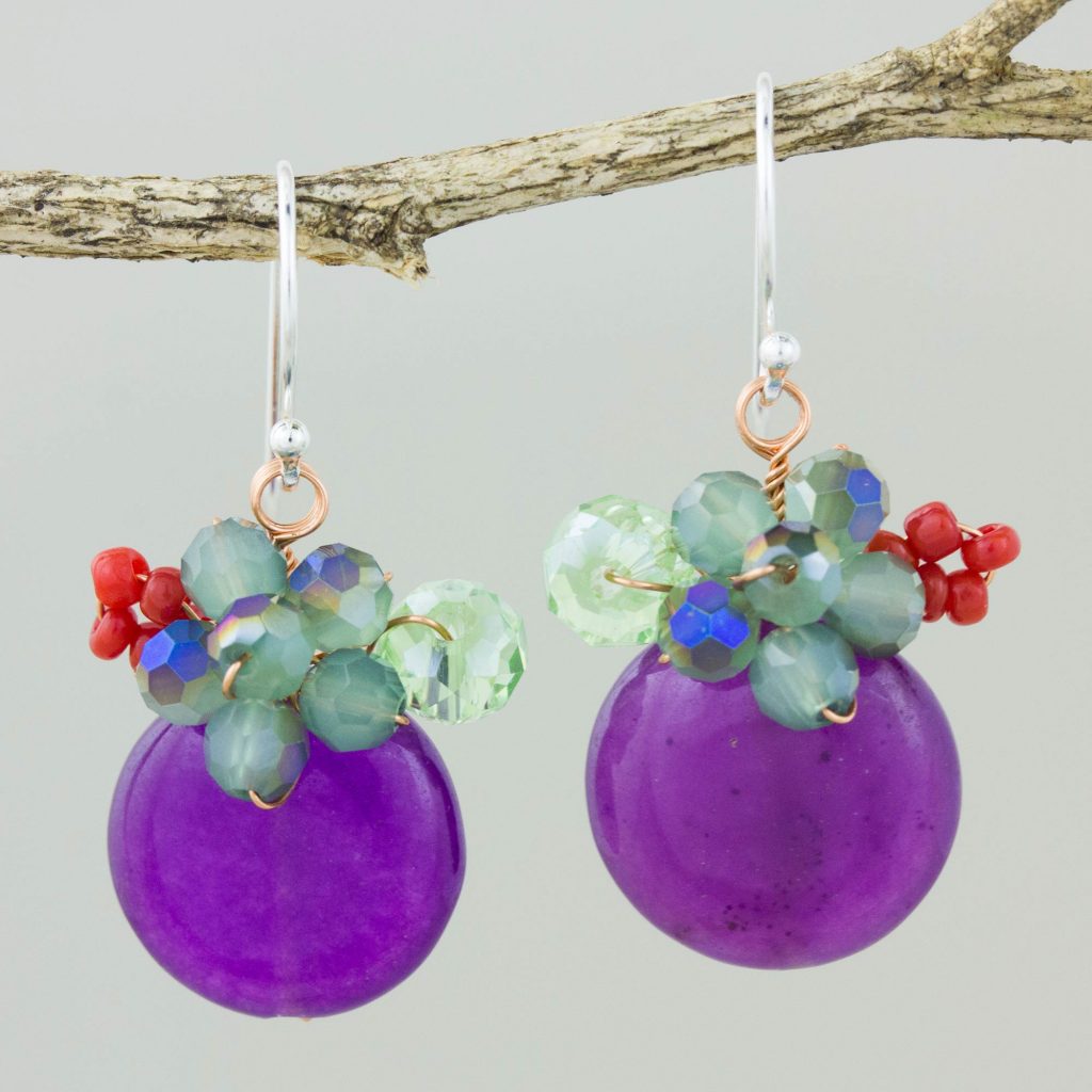 Purple Quartz and Glass Bead Dangle Earrings with Copper, 'Moonlight Garden in Purple' fair trade novica