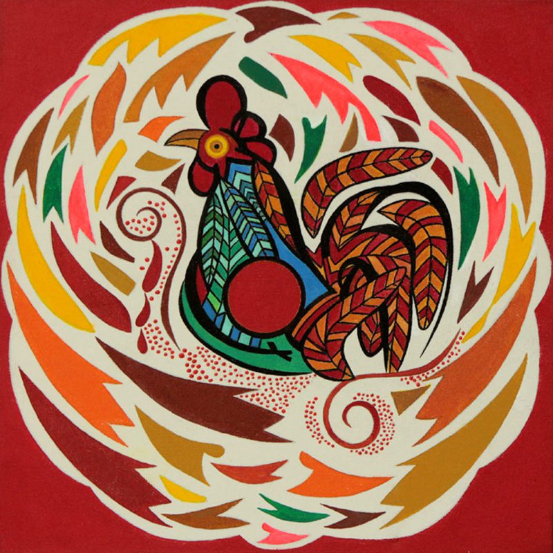 Bird Theme Colorful Naif Painting from Brazil (Stretched), 'Red Rooster' NOVICA Fair Trade Fine Art