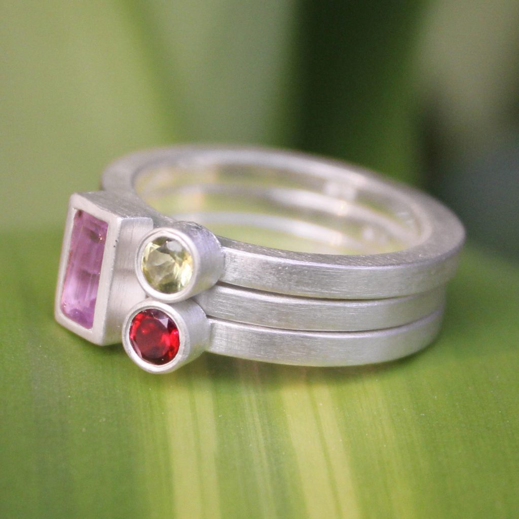 Unique Silver and Amethyst Stacking Rings (Set of 3), 'Gemstone Geometry' Sterling silver