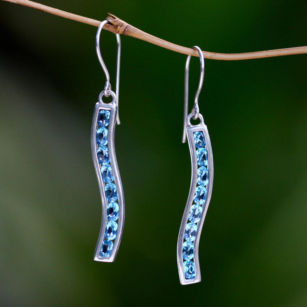 Sterling Silver Blue Topaz Earrings, 'Curves' contemporary modern dangle fair trade avant garde