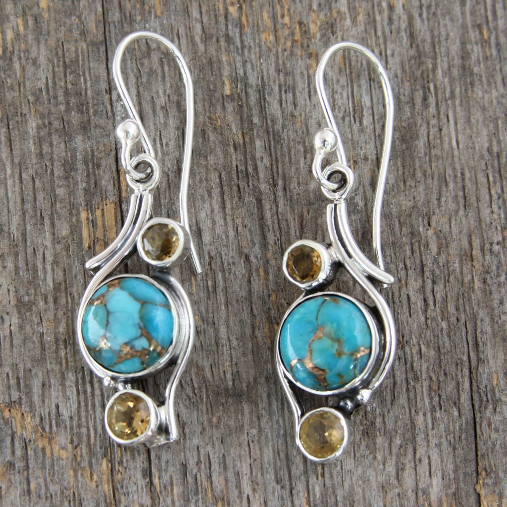 .925 Silver Earrings with Citrine and Composite Turquoise, 'Golden Sky'