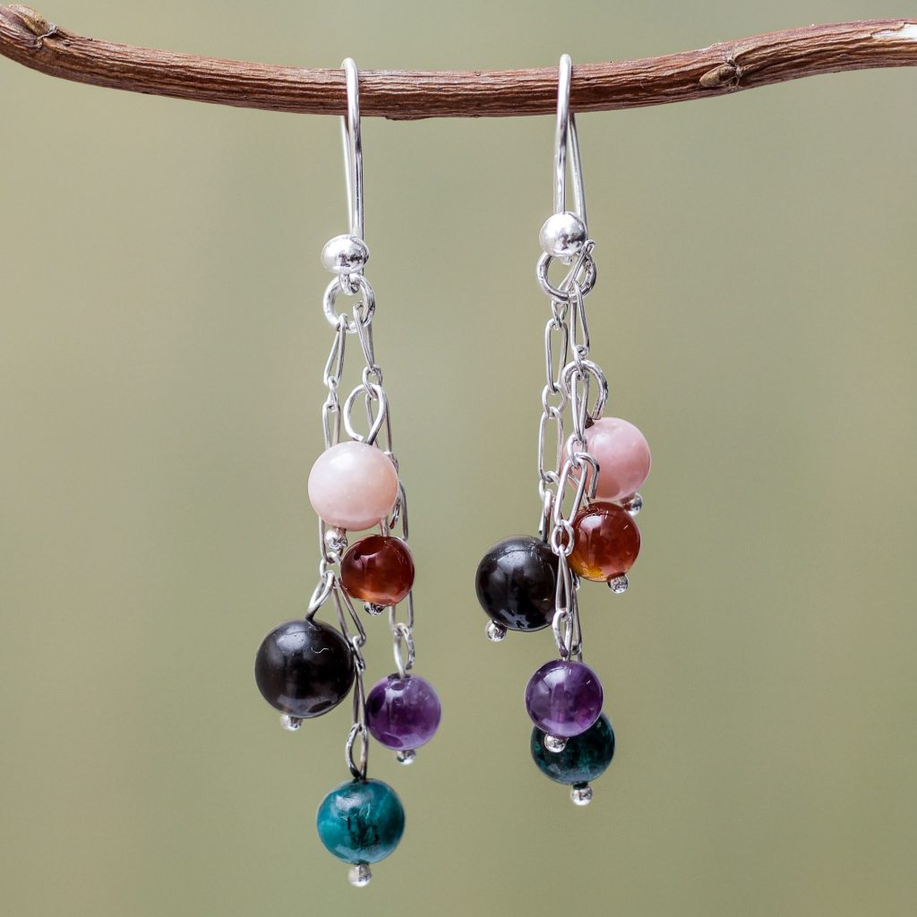Colorful Gemstone Earrings from Peru, 'My Chosen One' chrysocolla, rose opal, obsidian, amethyst and bright agate. sterling silver