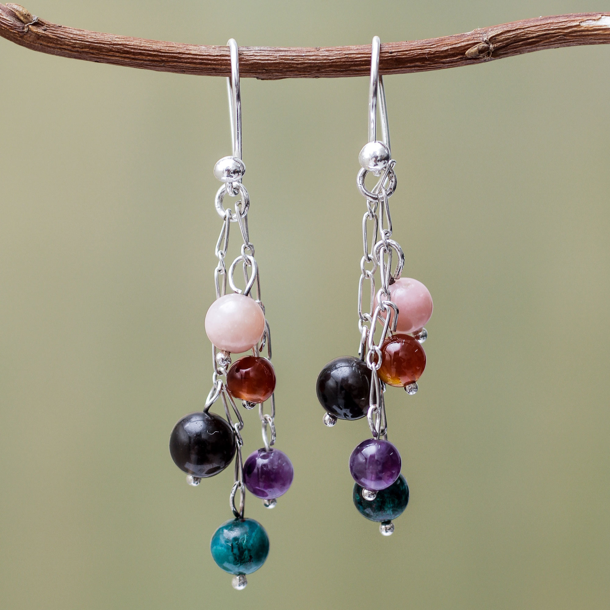 Colorful Gemstone Earrings from Peru, 'My Chosen One' chrysocolla, rose opal, obsidian, amethyst and bright agate. sterling silver