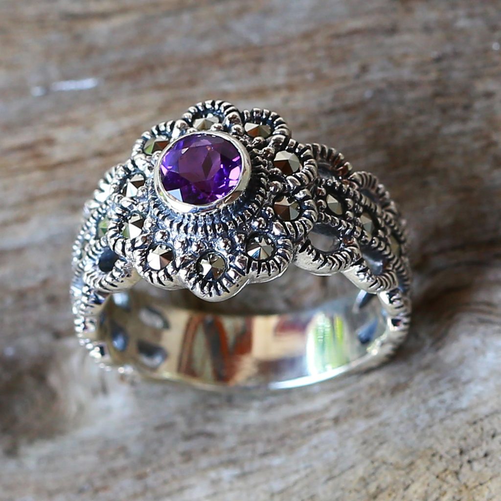 Amethyst and Marcasite Cocktail Ring from Thailand, 'Glistening Daisy'