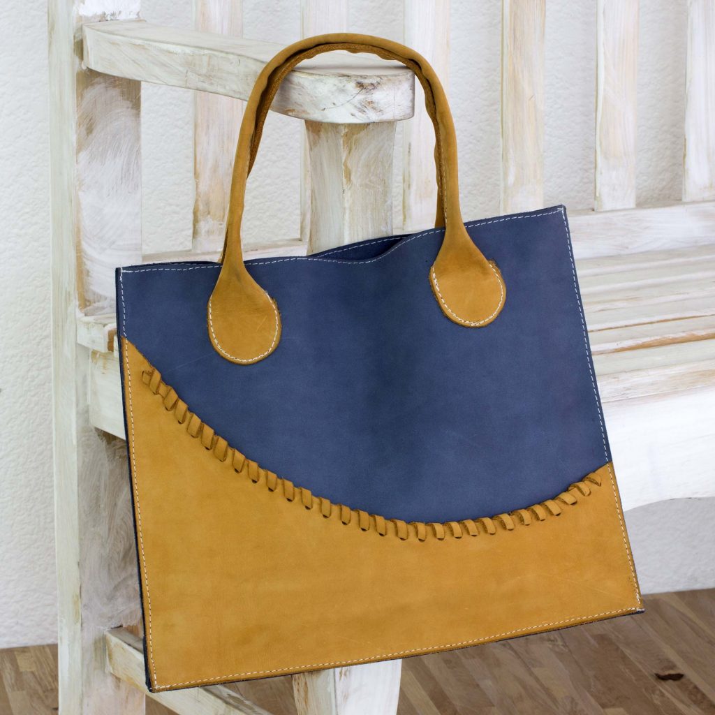 Artisan Crafted Yellow and Blue Leather Open Tote Bag, 'Wave of Yellow'