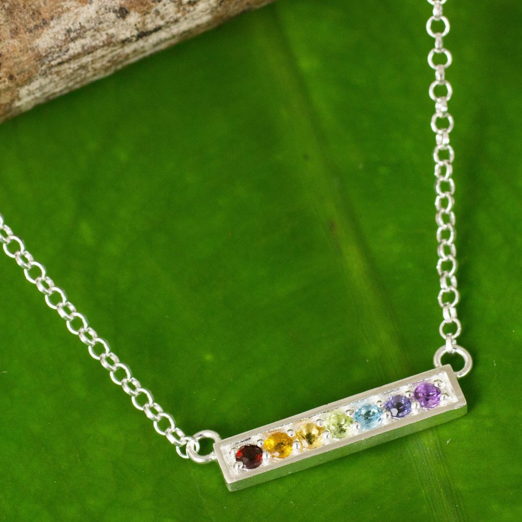 Multi Gemstone Chakra Pendant Necklace in Sterling Silver, 'Rainbow Chakra' Bar Pendant garnet citrine amethyst blue topaz peridot