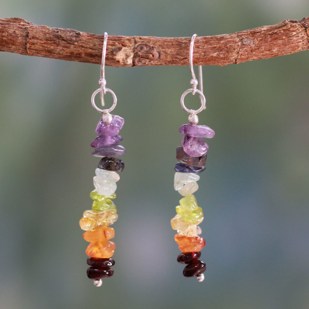 Artisan Crafted 7 Stone Chakra Earrings, 'Color Mantra' amethyst, iolite, pale blue amazonite and peridot with golden citrine, carnelian and garnet.