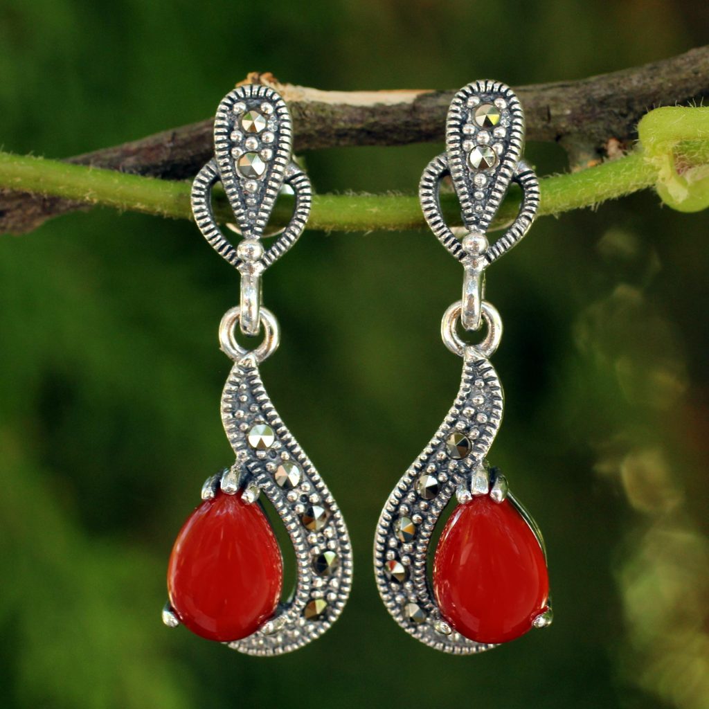 Thai Red Onyx Earrings with Marcasite, 'Crimson Lady' sterling silver NOVICA Fair trade