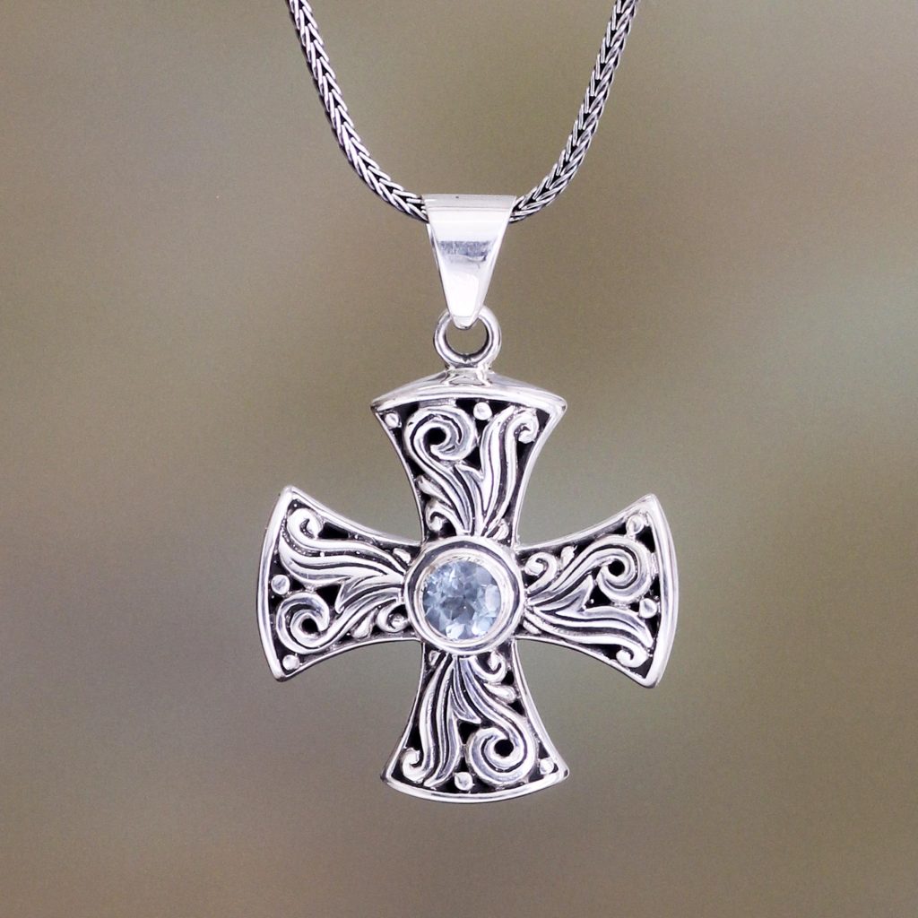 Blue topaz cross necklace, 'Light of Faith' Sterling silver .925 fair trade
