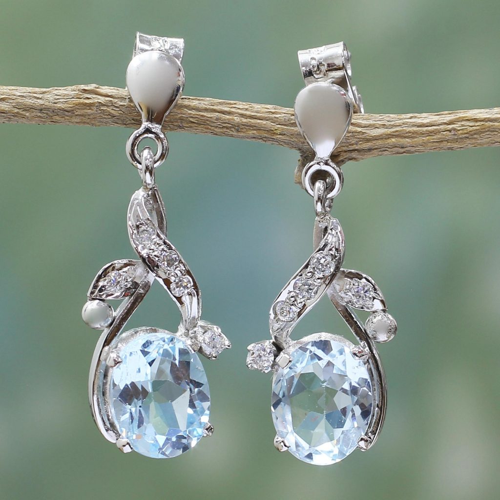 Handcrafted Sterling Silver Blue Topaz Earring Floral Jewelry, Cubic Zirconia CZ 'Dazzling Dew' Dangle Drop Studs 