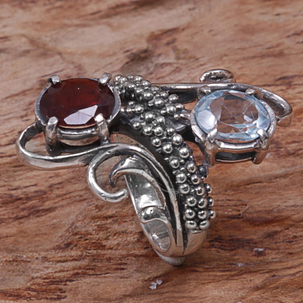 Garnet and Blue Topaz Cocktail Ring from Indonesia, 'Magical Union' Sterling Silver statement .925 unique art NOVICA Fair trade
