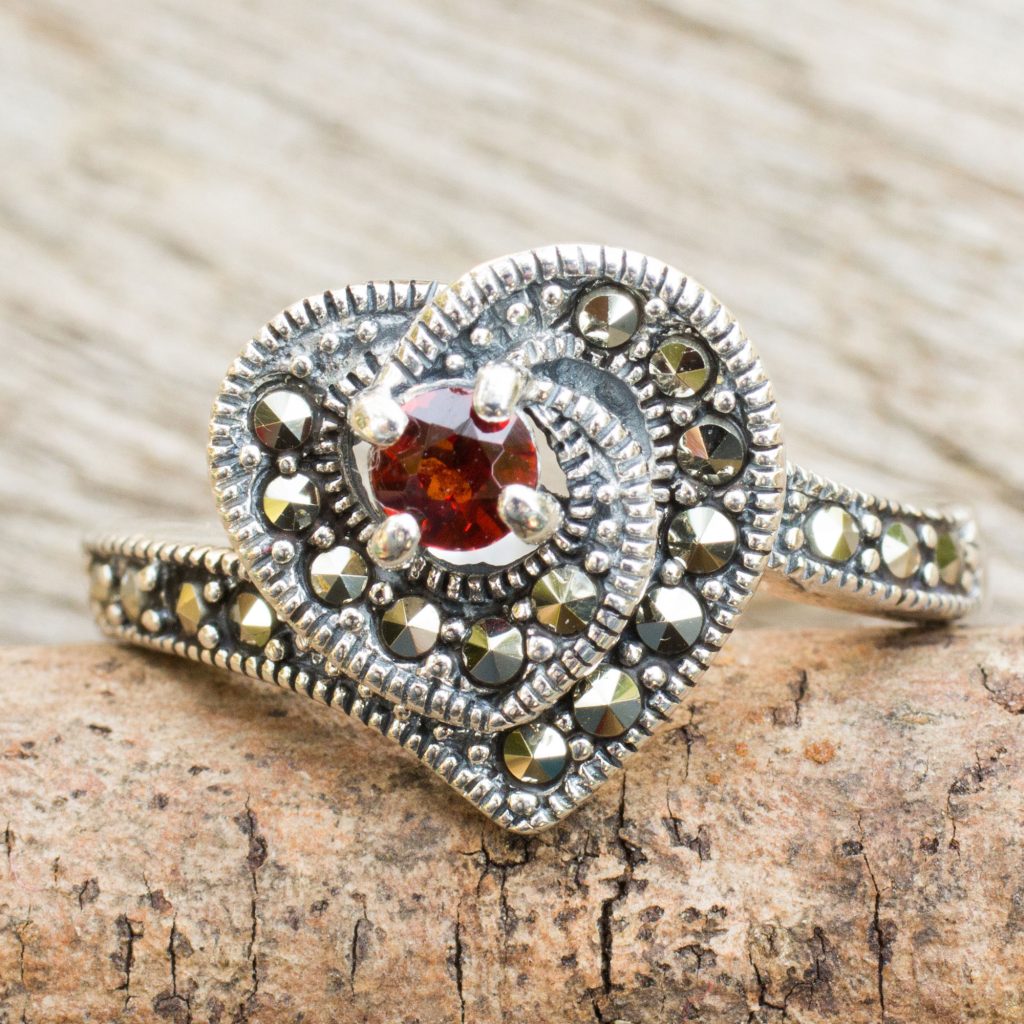 Handcrafted Marcasite and Garnet Heart Theme Cocktail Ring, 'Scarlet Heart' sterling silver NOVICA Fair trade