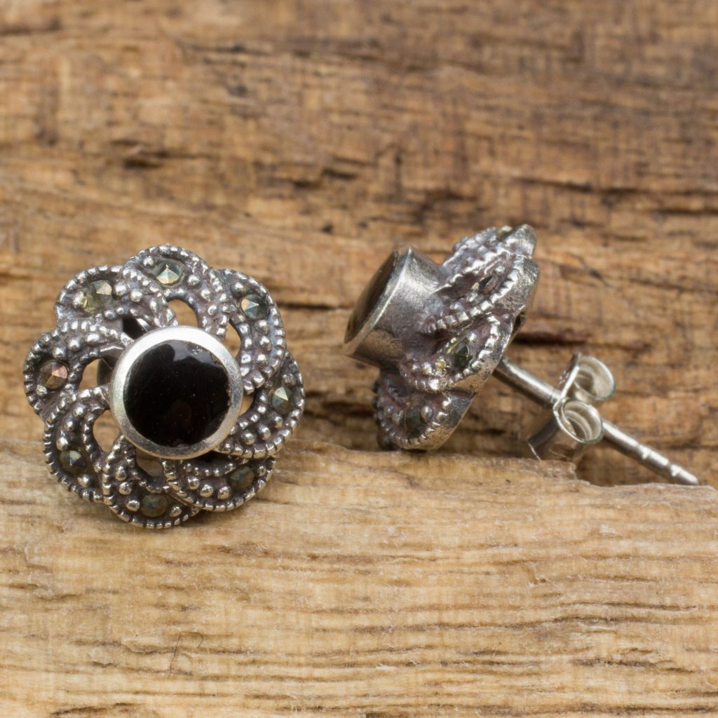 Sterling Silver Vintage Earrings with Onyx and Marcasite, 'Midnight Blooms' NOVICA Fair trade