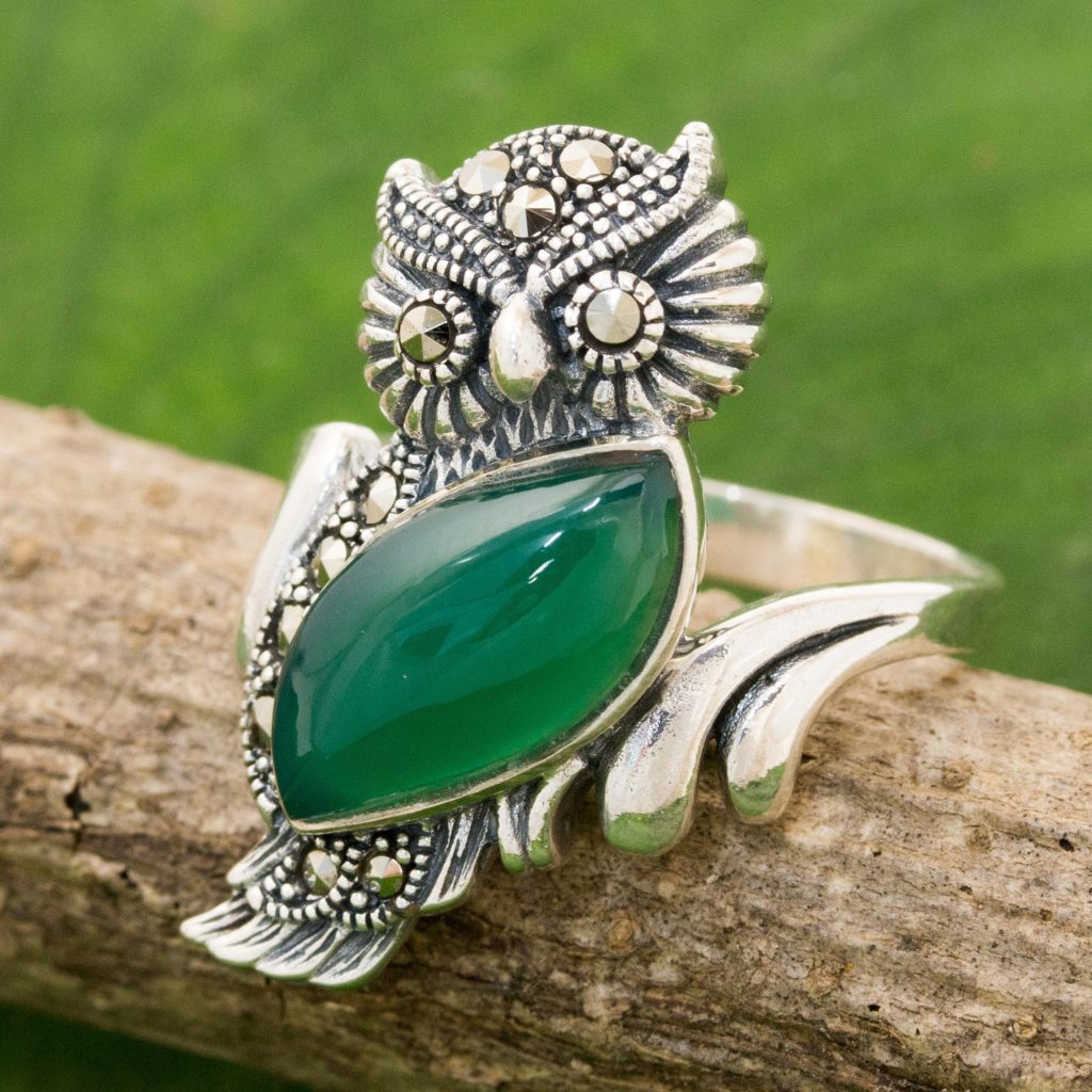 Chalcedony and Marcasite Cocktail Ring with Owl Motif, 'Stunning Owl' sterling silver NOVICA Fair Trade