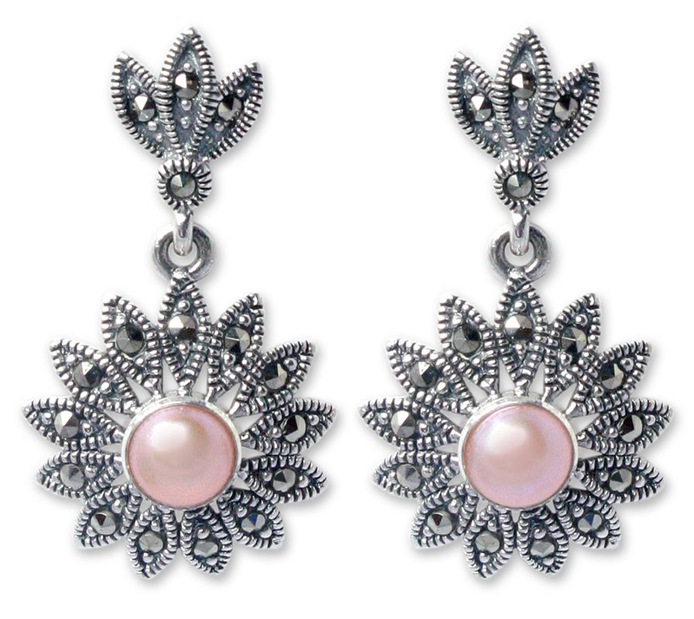 Handmade Marcasite and Pearl Flower Earrings, 'Chiang Rai Rose'