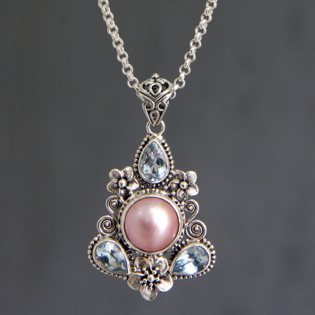 Unique Pearl and Blue Topaz Pendant Necklace, 'Pink Frangipani Trio' Sterling Silver Chain Fair trade NOVICA