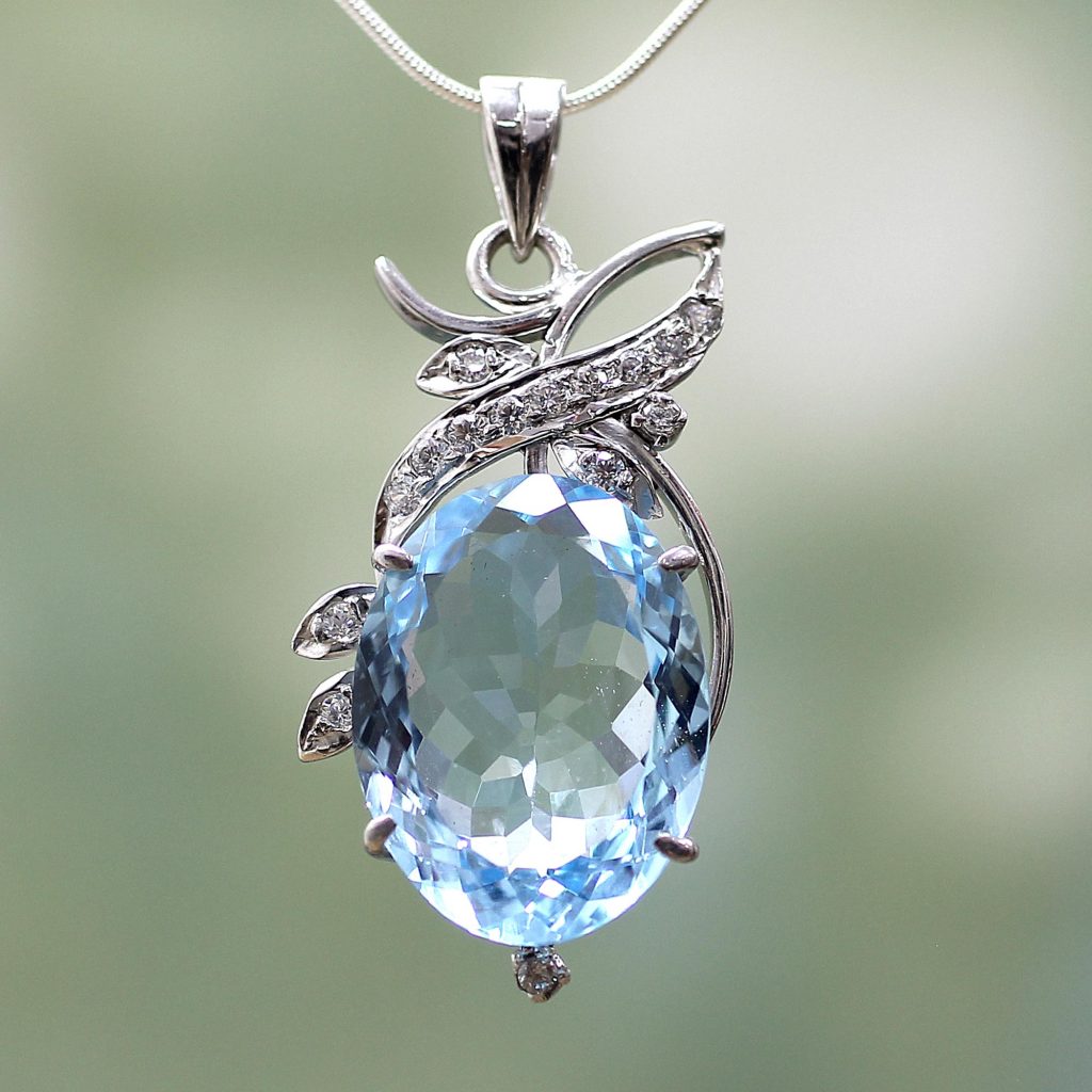 Blue Topaz Pendant Necklace with Cubic Zirconia, 'Dazzling Blue' Sterling Silver .925 fair trade NOVICA