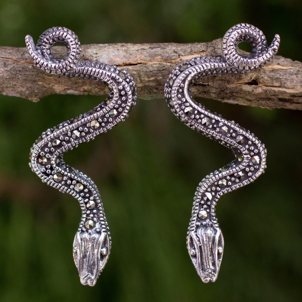Handcrafted Sterling Silver and Marcasite Snake Earrings, 'Tropical Snake' Serpents NOVICA Fair Trade