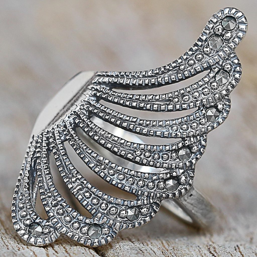 Sterling Silver Marcasite Cocktail Ring Wing Thailand, 'Plumed Wing'