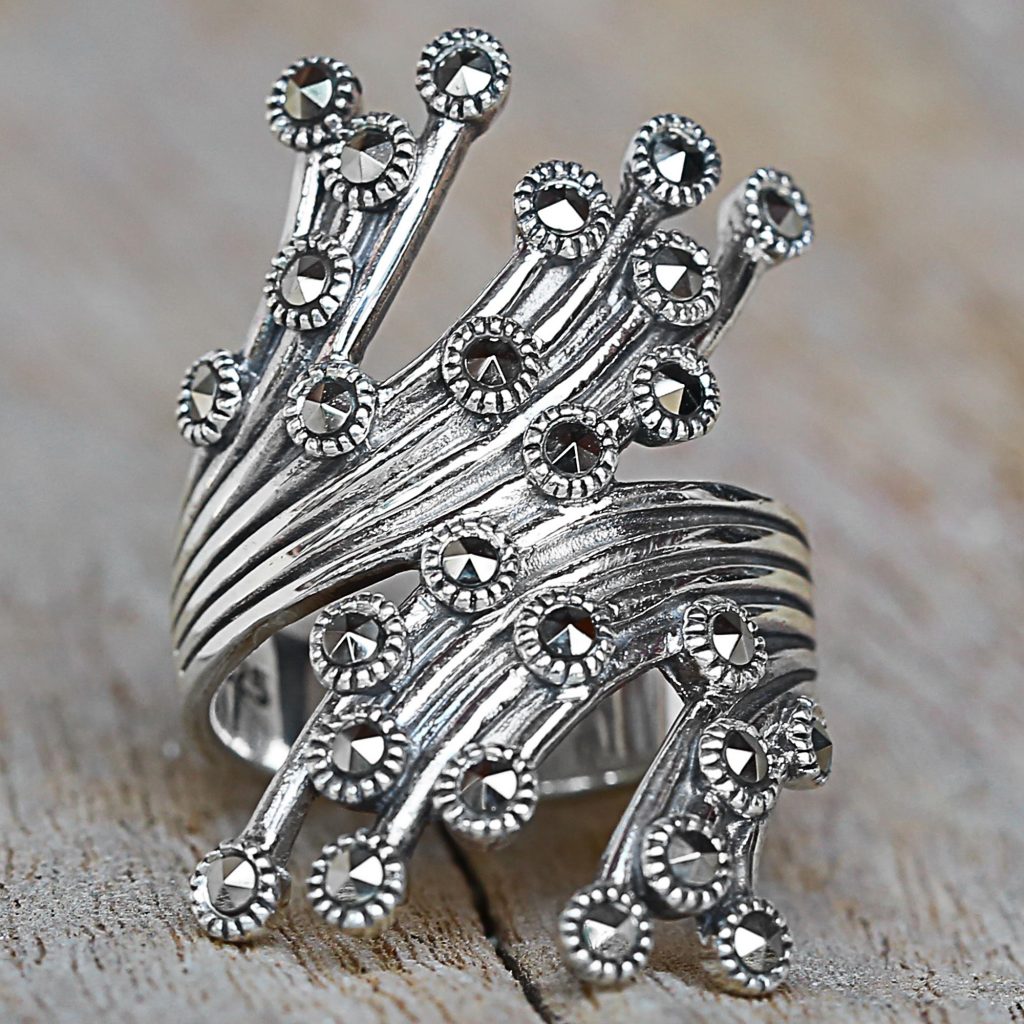 Sterling Silver Marcasite Cocktail Ring from Thailand, 'Meteor Warp' NOVICA Fair Trade