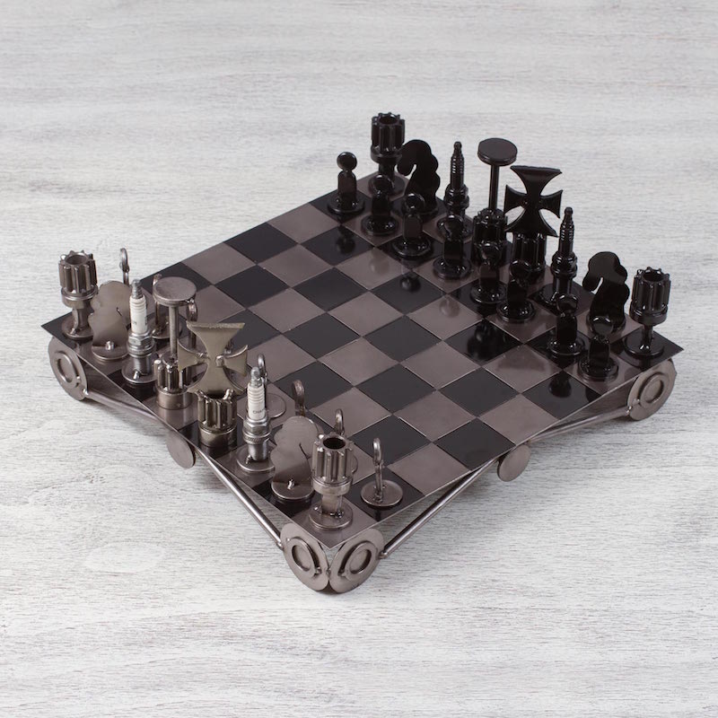 Auto part chess set Recycling Challenge metal recycled pieces eco-friendly men's gifts NOVICA Fair trade