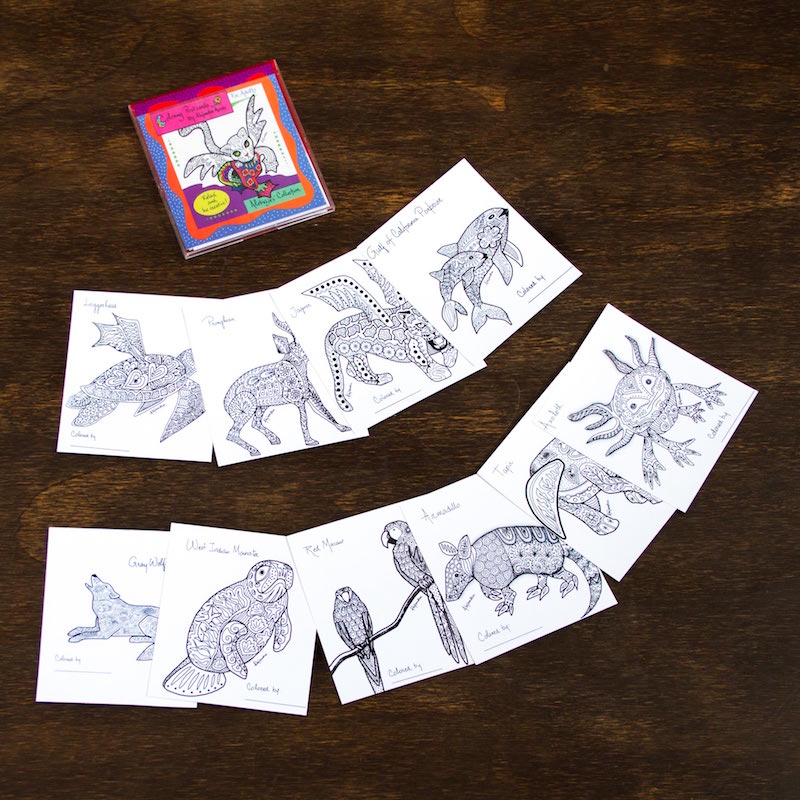 Gift Idea 10 Coloring Postcards of Mexican Animal Alebrijes, 'Alebrije Collection'