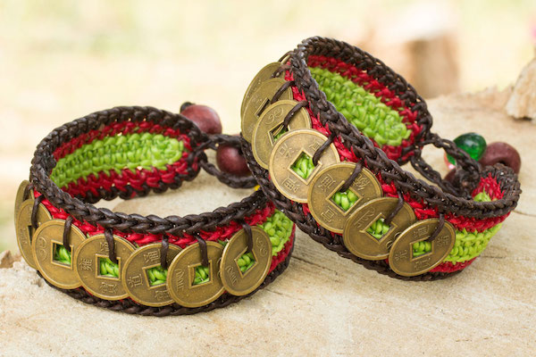 Hand Crafted Good Fortune Wristband Bracelets (Pair), 'Coins of Harmony'