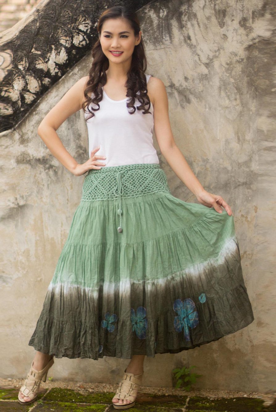 Long Cotton Batik and Crochet Skirt from Thailand, 'Green Boho Chic' NOVICA Fair Trade