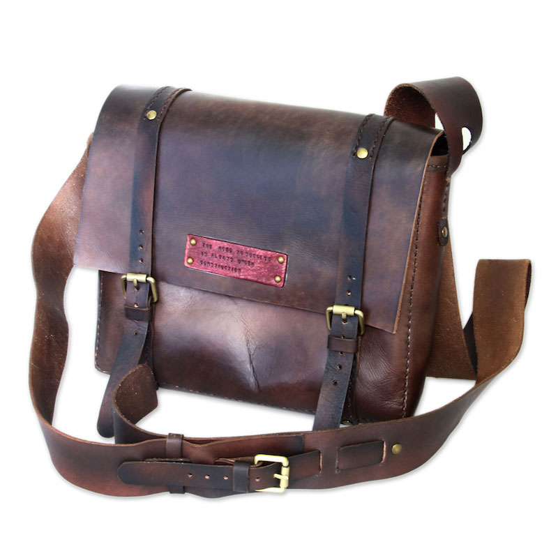 Handmade Brown Leather Messenger Bag , 'The Road to Success'