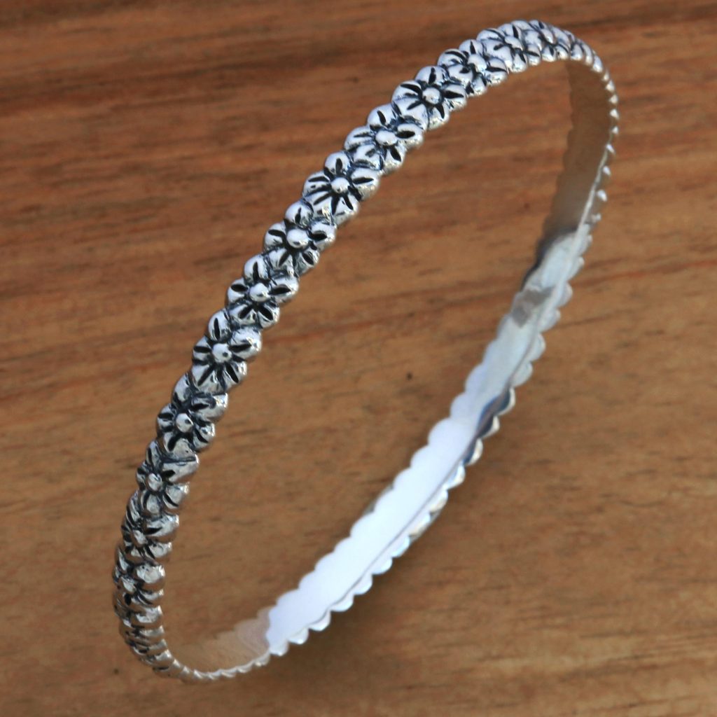 Artisan Handcrafted Floral Sterling Silver Bangle Bracelet Silver Garland, silver bracelet , flower bracelet 