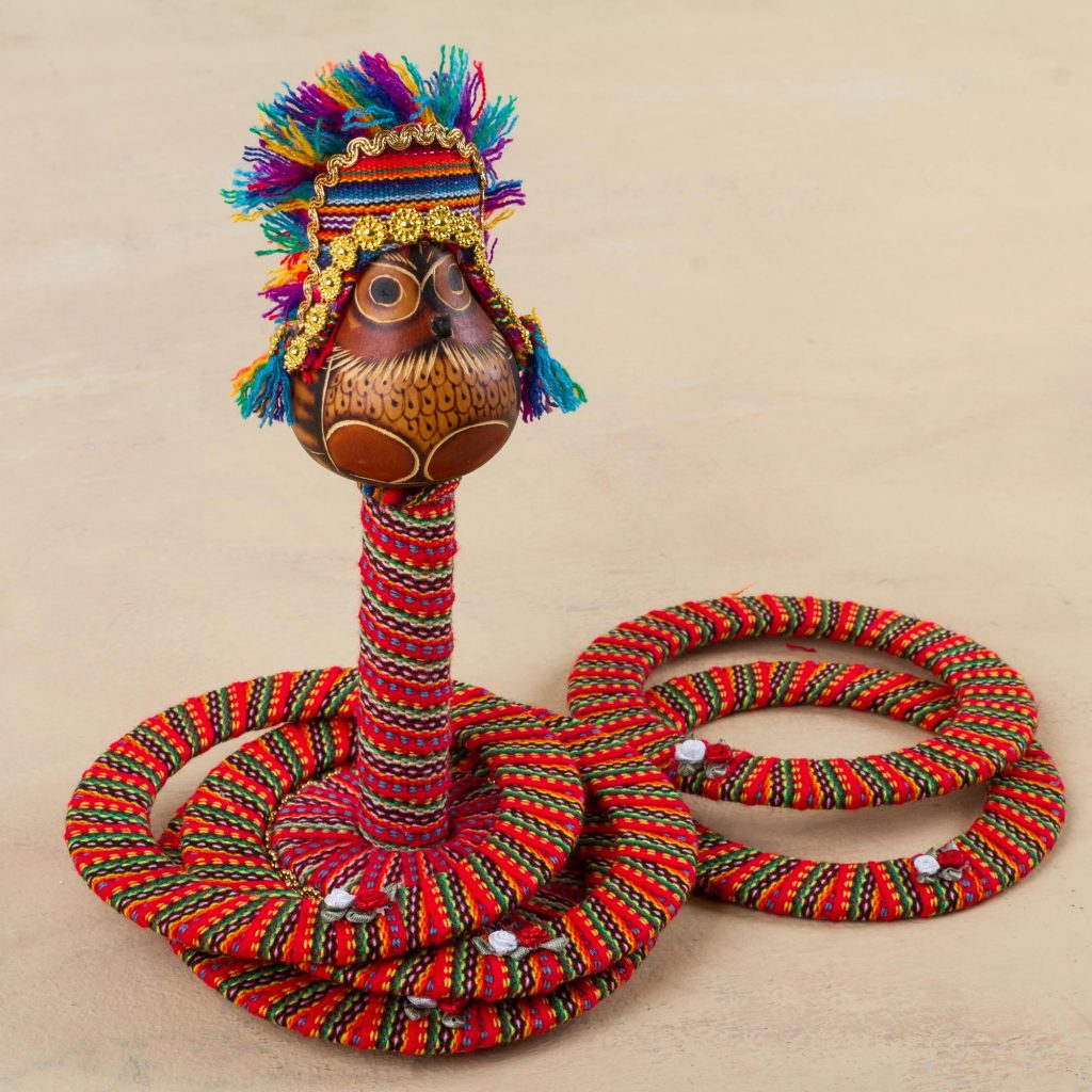Handmade Inca Chief Owl Dried Gourd on Desktop Ring Toss Set, 'Inca Emperor Owl'