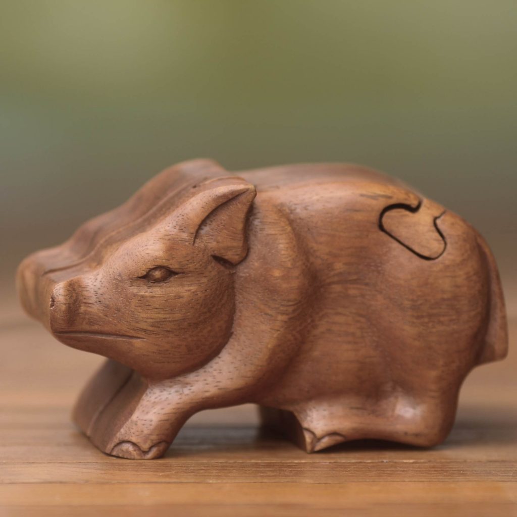 Handmade Puzzle Box, 'Little Pig' Hand Carved Wood NOVICA Fair Trade Keepsake Box Trinket Box
