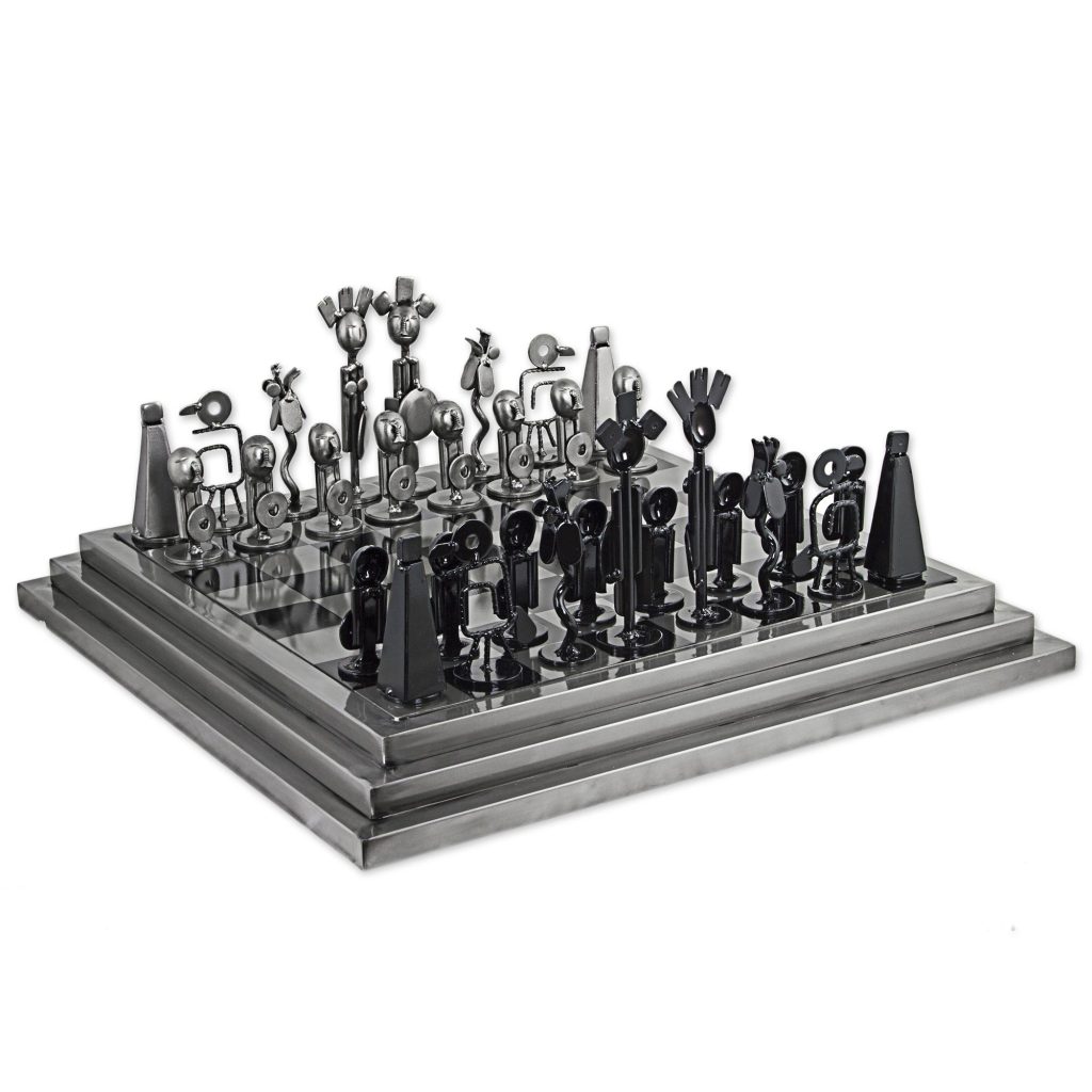 Rustic Chess Set From Mexico Using Recycled Car Parts, 'Pre-Hispanic Battle in Black'