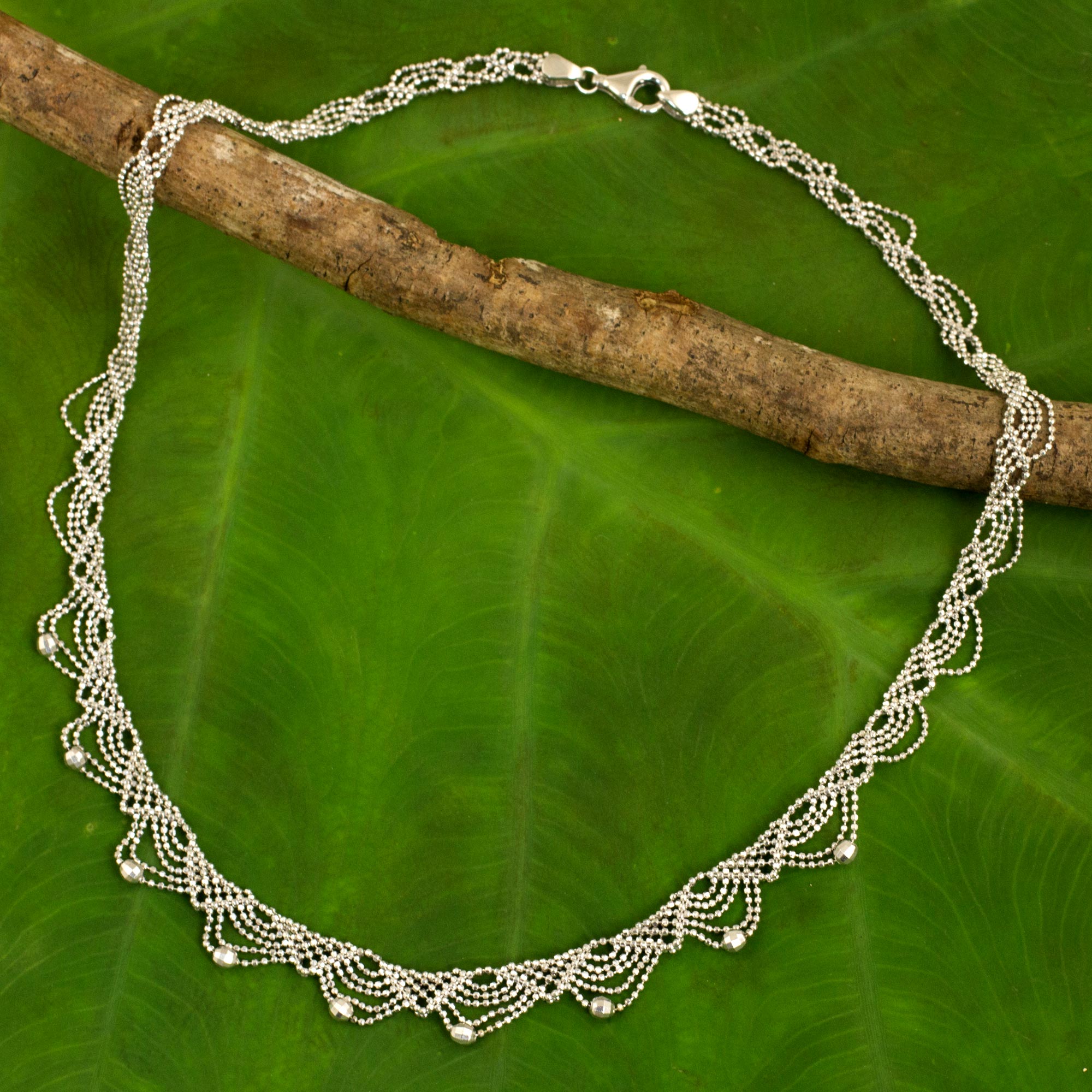 Collar Choker 16 inch Lacy Sterling Silver Necklace Crafted from Ball Chain, 'Deco Lace' NOVICA Fair Trade