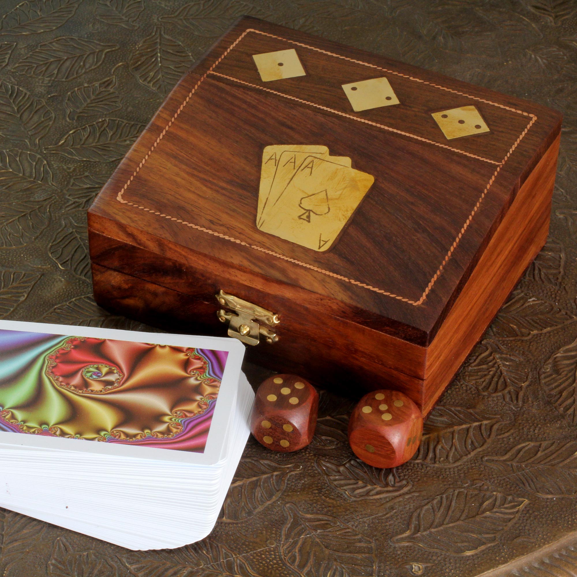Hand Carved Wood Box and Game Set Cards Dice Art NOVICA Fair Trade