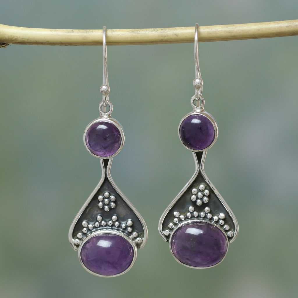 India Floral Jewelry Sterling Silver and Amethyst Earrings, 'Renewal'