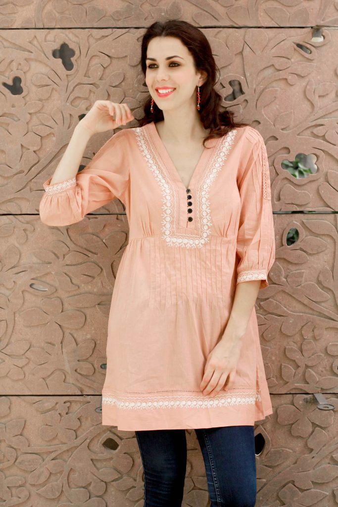 Cotton Boho Tunic Blouse with White Embroidery, 'Peach Muse'