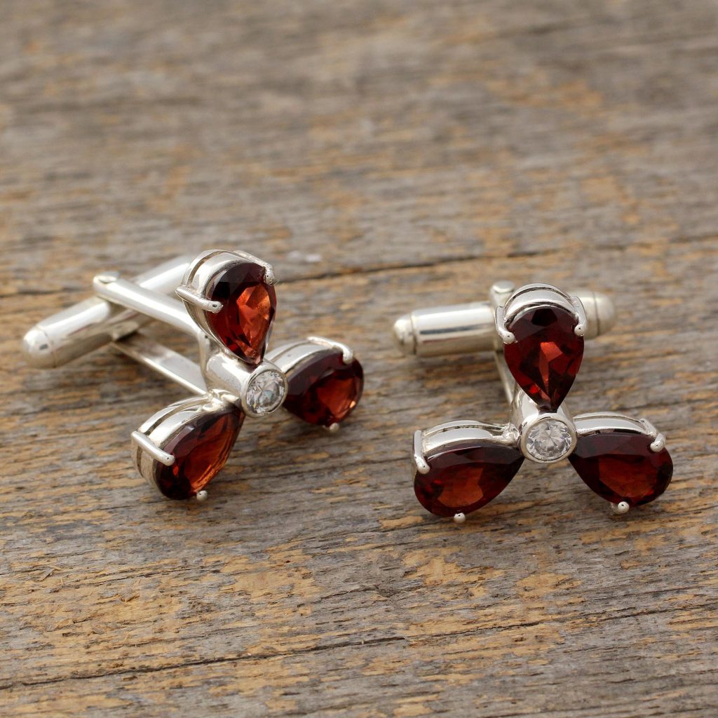 Men's Sterling Silver Cubic Zirconia Garnet Cufflinks, 'Bold Scarlet'