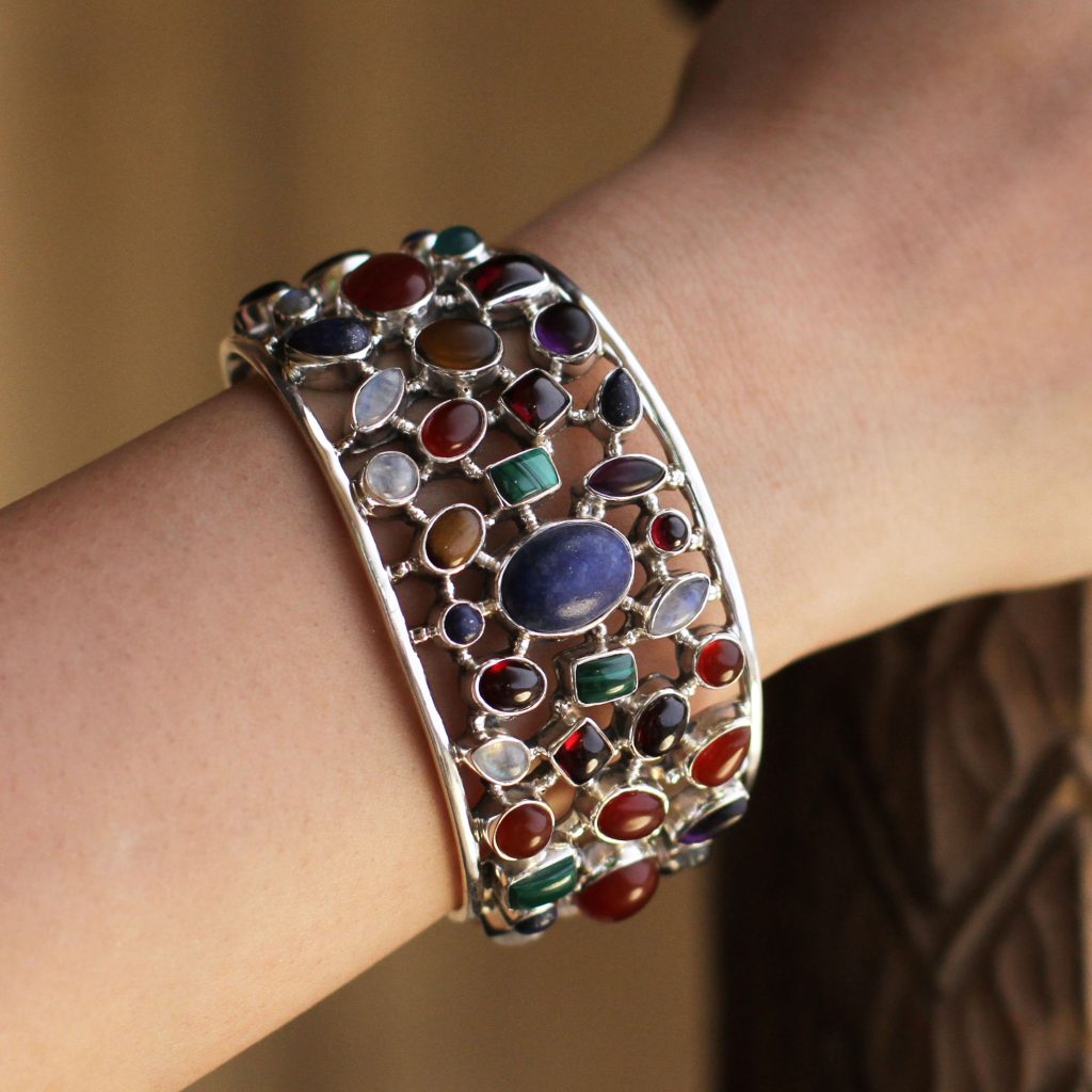 Gemstone Cuff Bracelet in Sterling Silver from India, 'Shimmering Confetti' malachite, lapis, carnelian, rainbow moonstone, garnet, amethyst, black onyx.