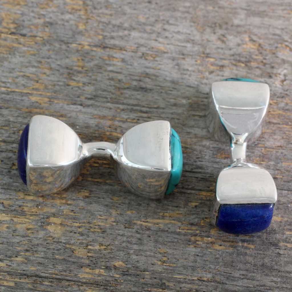 Lapis Lazuli and Turquoise Silver Cufflinks from India, 'Dreamer'