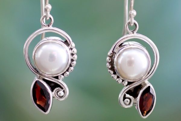 Pearl Garnet Earrings in Sterling Silver Jewelry, 'Sublime Romance'