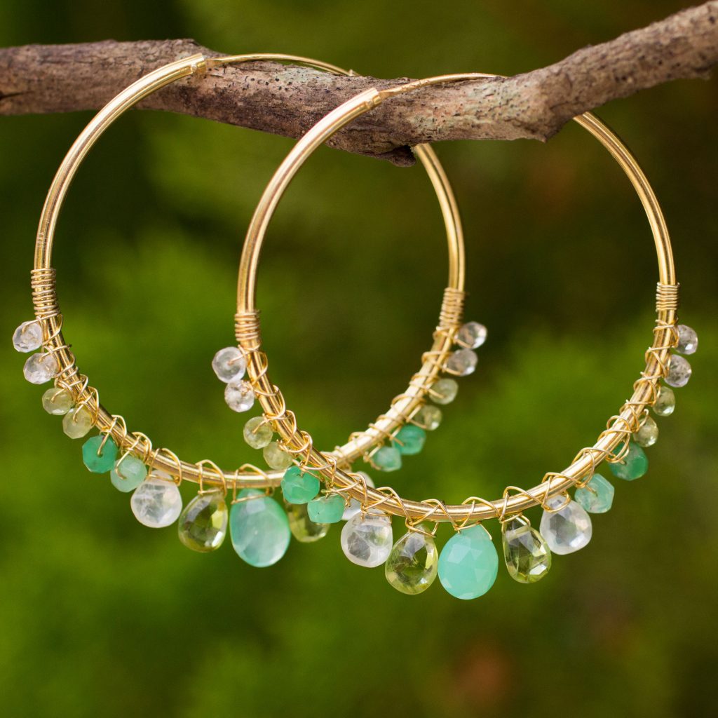 Gold Plated Hoop Earrings 925 Sterling Silver with Assorted Green Gemstones, 'Spring Serenade' peridot, chrysoprase, and prehnite 