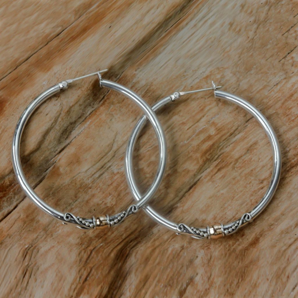 Sterling Silver Hoop Earrings with Golden Accents, 'Celuk's Kencana'