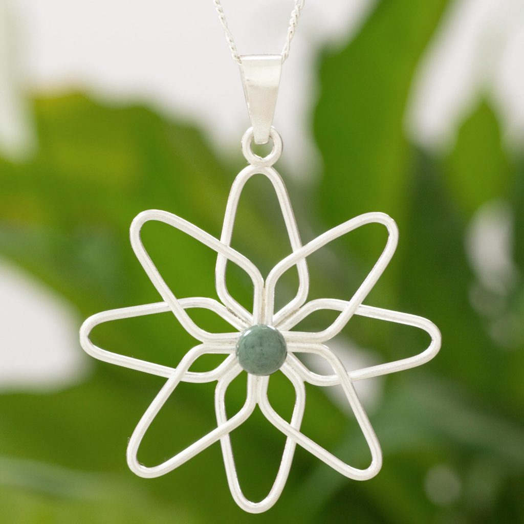Sterling Silver Flower Necklace with Light Green Jade, 'Jocotenango Chrysanthemum' NOVICA Fair Trade