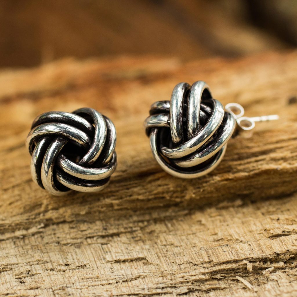 Artisan Crafted Oxidized Sterling Silver Stud Earrings, 'Double Love Knot'