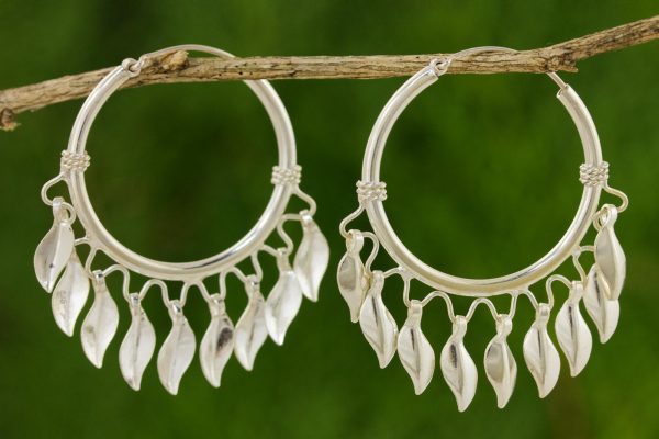 Handcrafted Sterling Silver Hoop Earrings, 'Leaves in the Wind'