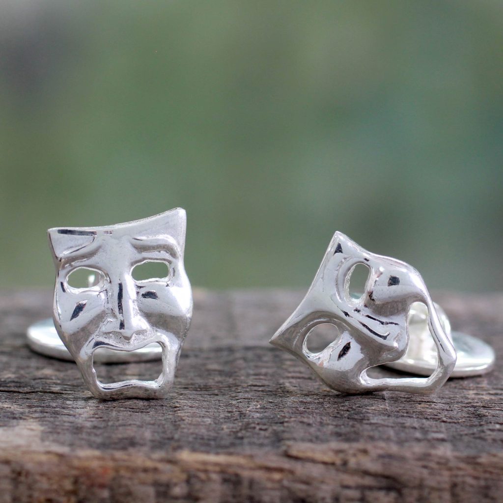 High Polished Sterling Silver Cufflinks, 'Comedy and Drama Masks'