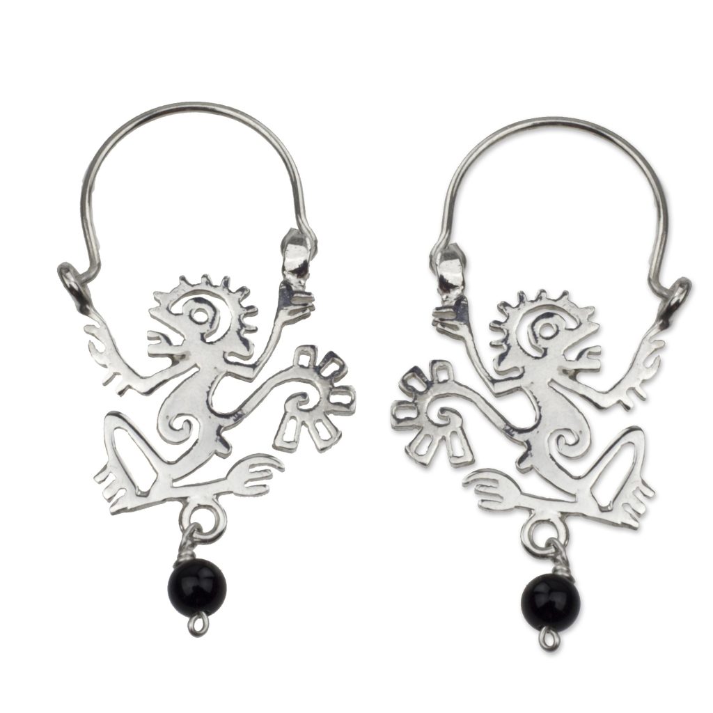 Ozomatli Pre-Hispanic Monkey 925 Silver Hoop Earrings, 'Ozomatli Monkey'