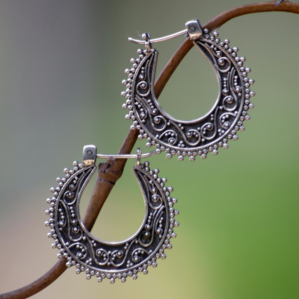Artisan Crafted Sterling Silver Hoop Earrings, 'Kuta Moon'