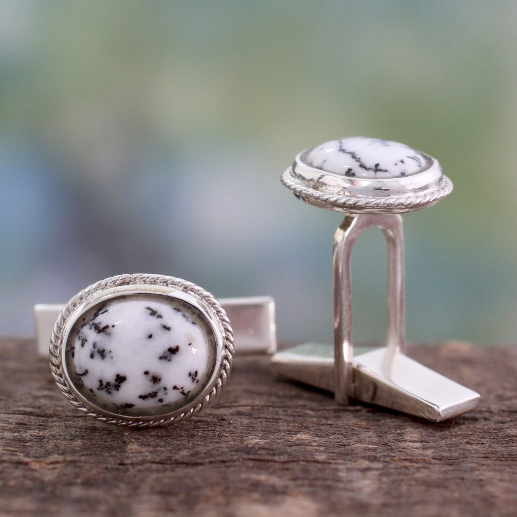 Dendritic Agate and Sterling Silver Cufflinks from India, 'Plenitude'